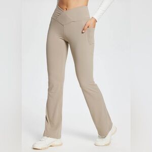 Baleaf Laureate Womens Crossover High-Waisted Flare Yoga Pants Beige Size Medium